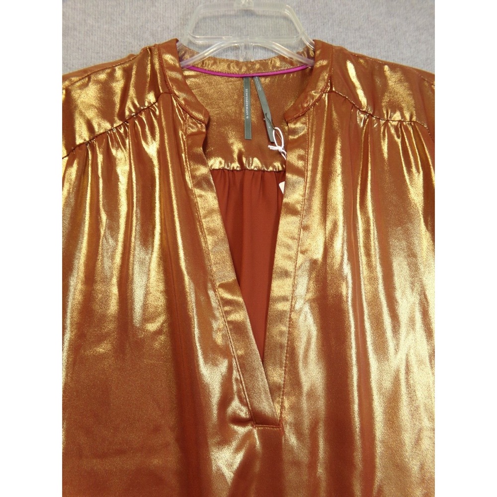 Anthropologie Metallic Foil Peasant Blouse Womens Bronze‎ Caramel Size L NWT - Picture 3 of 8